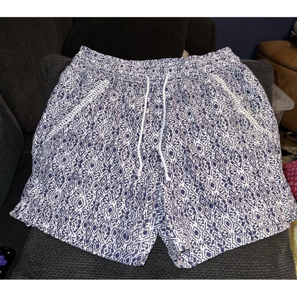 Briggs Women's Blue/White Geometric Linen Rayon Drawstring Shorts Medium